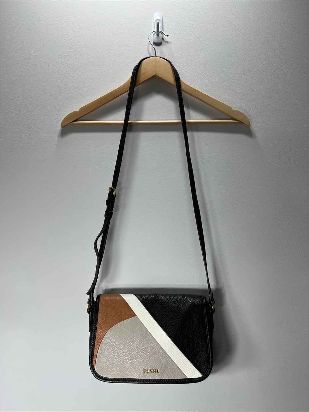Fossil (Black/Tan/White/Gray) Colorblock Pebbled Leather Crossbody